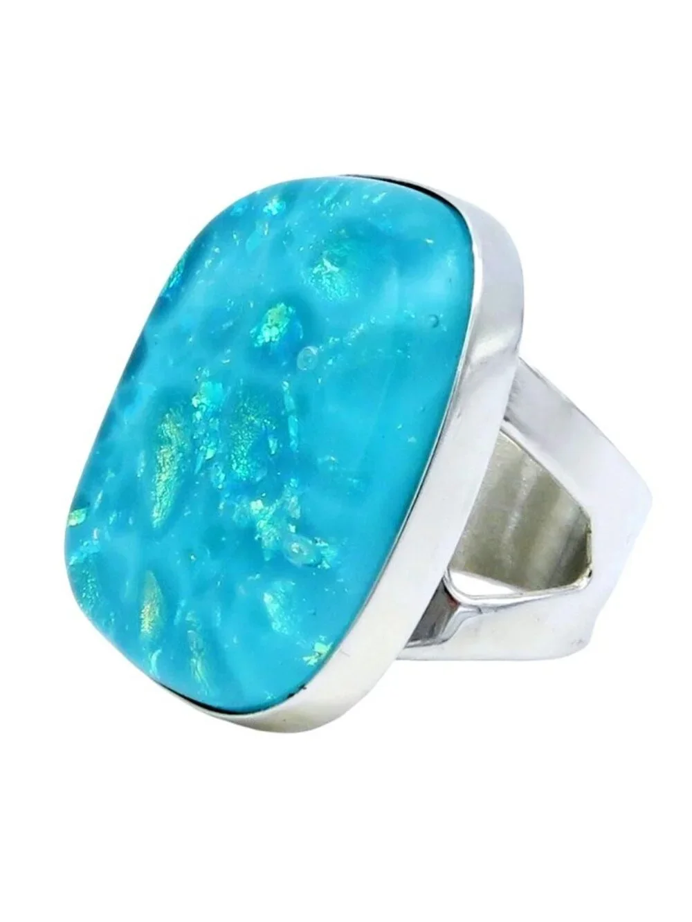 Jay King DTR Sterling Silver Aqua Blue Dichroic Glass Ring Size 7